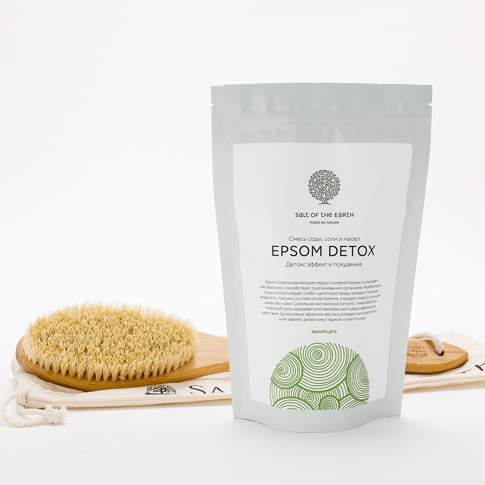 

Набор: щетка для сухого массажа с ручкой и cоль с содой и маслами «Epsom detox»