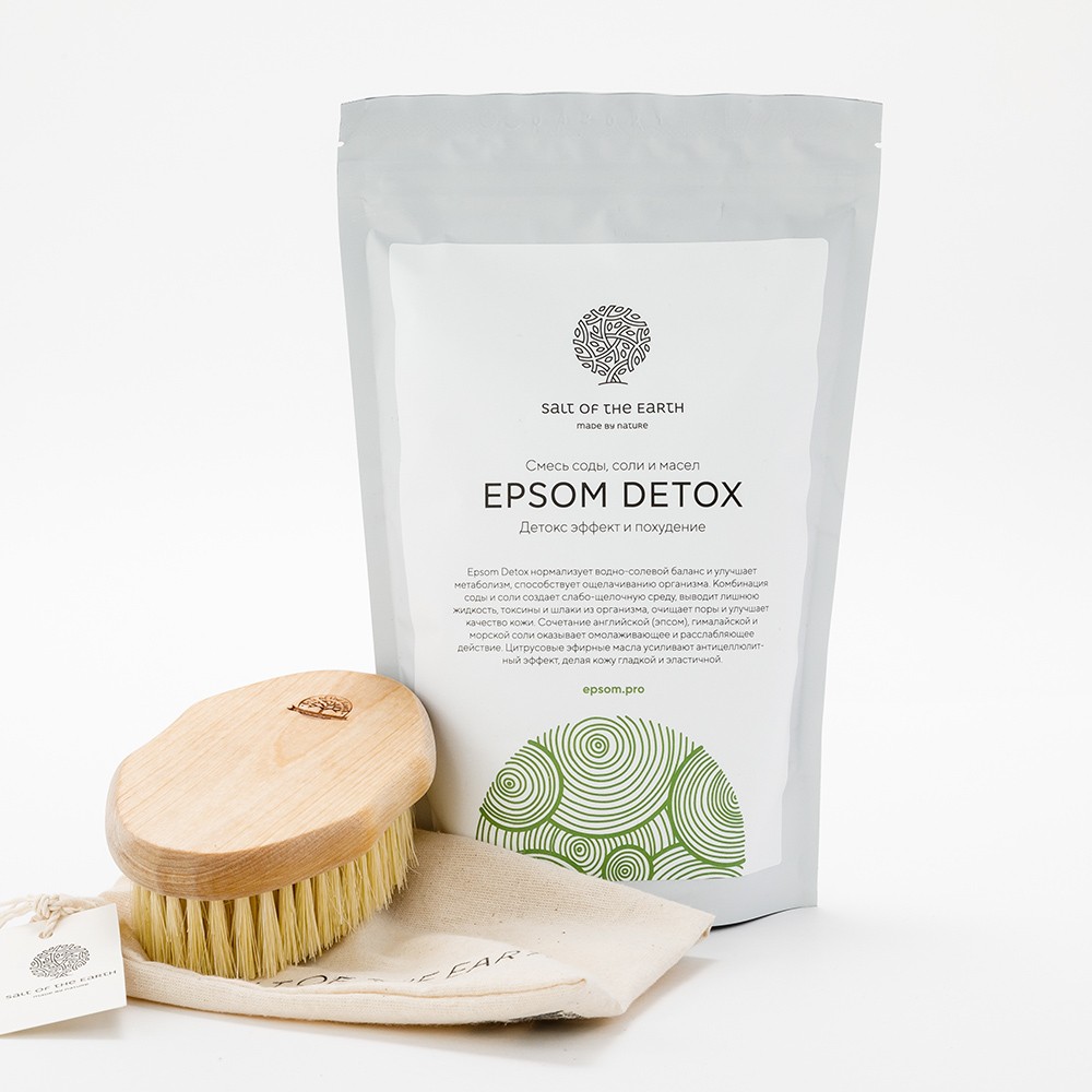 

Набор: cоль с содой и маслами «Epsom detox», щетка для сухого массажа
